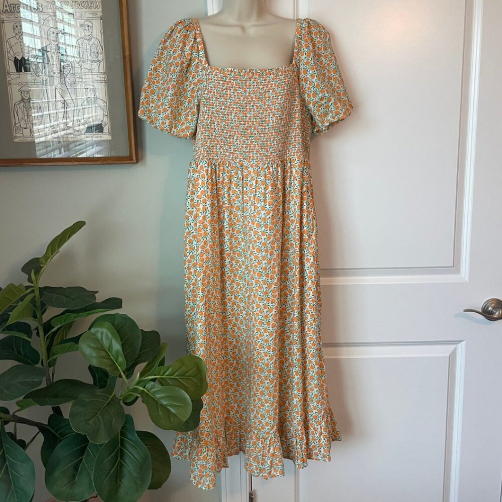 J Crew Factory Peach Print Smocked Midi Dress with Puff Sleeves and Ruffle Hem